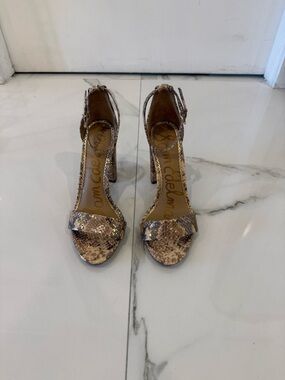 Sam Edelman Snake-Print Ankle Strap Heels in Taupe and Brown